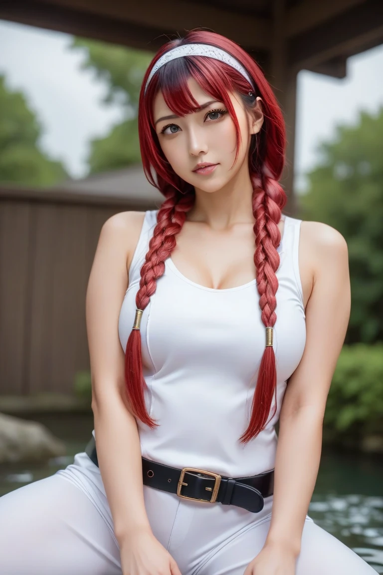 A stunning slutty anime girl, red headed with a pony tail, camera low angle and her looking at the camera, really short skirt and panties are showed, her age is between 18-25 years old
