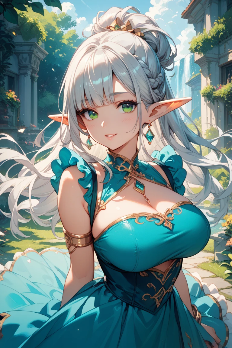 age30,mature,anime,elf,woman,blonde,tall,SFW busty,voluptuous,SFW huge breasts,curvy,intricate detailed long dress,mint green eyes