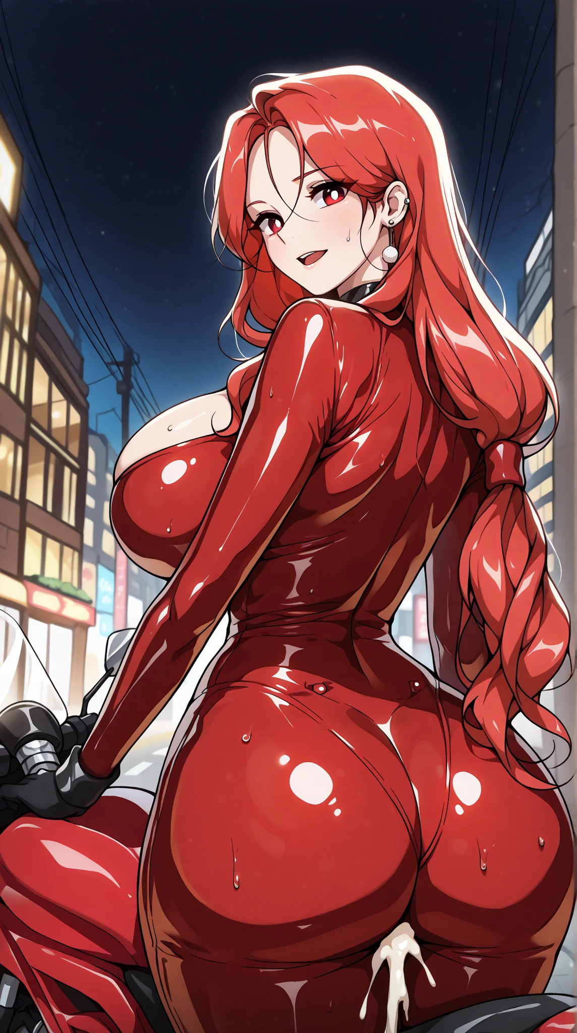 Code Geass, Kallen Stadfeldt 1girl, (((bimbo))), blue eyes, short red hair, puffy lips, painted lips, thick lips, wide hips, thick thighs, big breast, huge ass, revealing cleavage, erotic, Smile face, bubble butt, camel toe, breasts, red pilot suit, night time, moon, posing