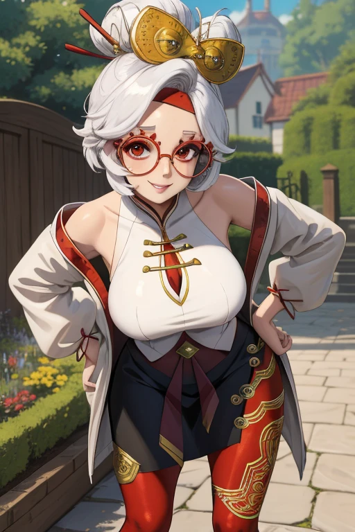 masterpiece, best quality, purah, red glasses, hair ornament, hair stick, red headband, white shirt, bare shoulders, white jacket, black skirt, orange leggings, large breasts, looking at viewer, entrance, garden, leaning forward, upper body, hands to hips, smile
