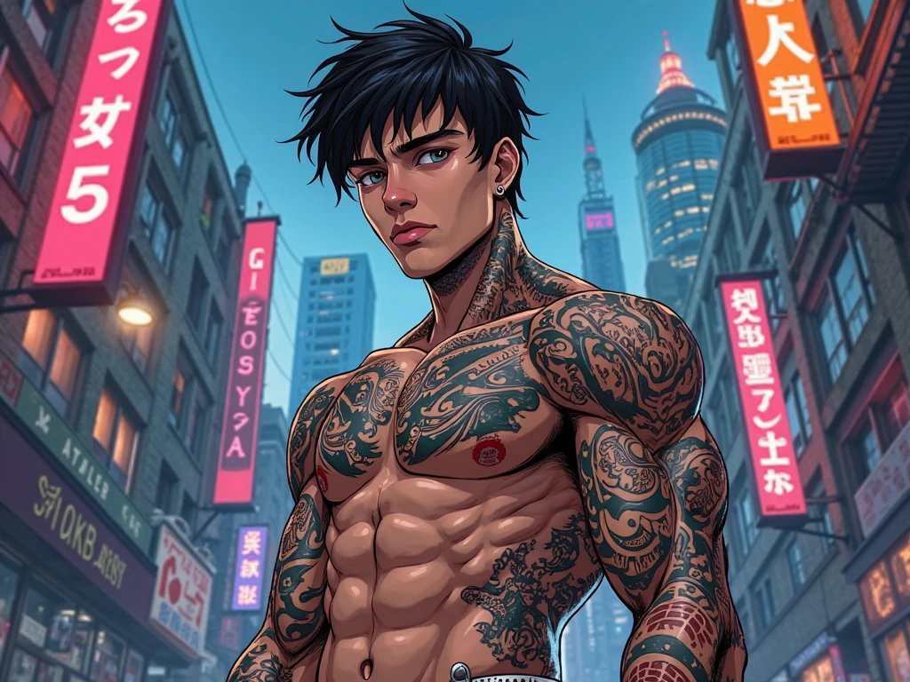 A shirtless anime character