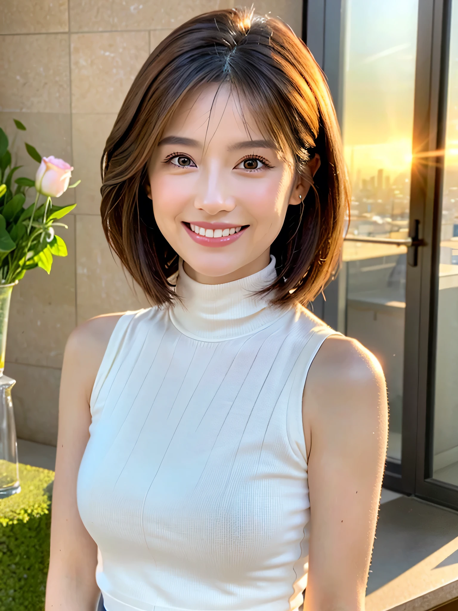 Very short hair, smile, brown hair