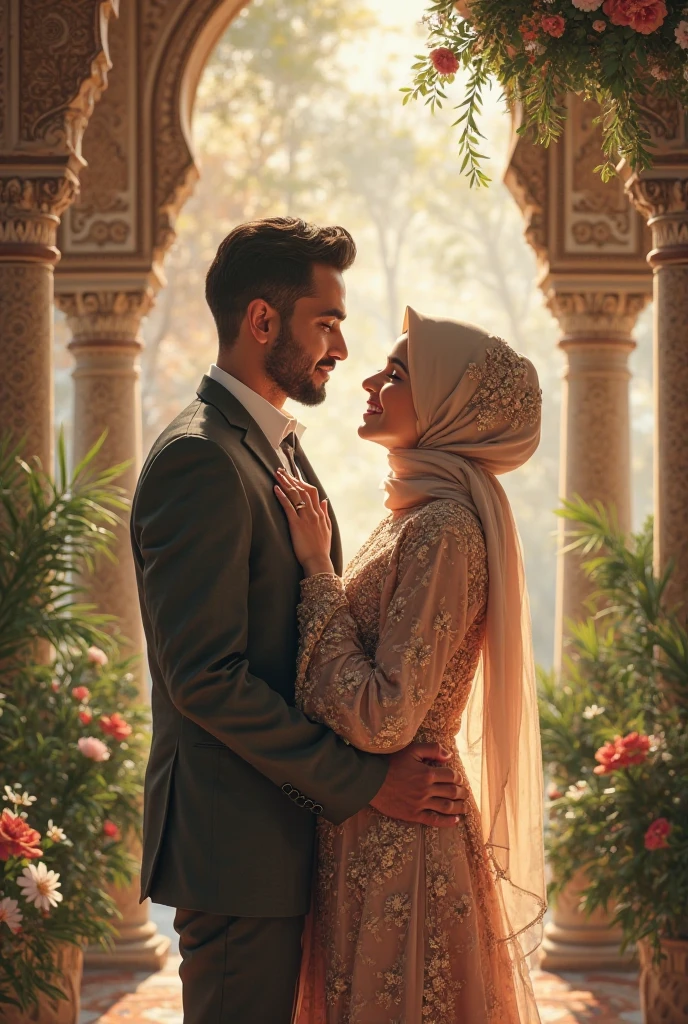 Please create an image kissing eachother 
featuring me and my wife. We are both Muslim. I am the husband, and my height is 5 feet 8 inches, while my wife’s height is 5 feet 1 inch. I am wearing a kurta pajama with a maroon-colored cap on my head and a beautiful sherwani. My wife is wearing a pink gown with a matching pink hijab






