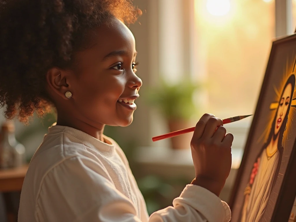 "A smiling while showing a drawing or school project, recebendo elogios de um adulto."