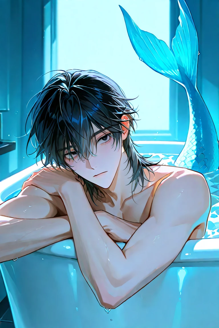 masterpiece, best quality, ultra detailed, (solo man), (male focus), ((Oblong face)), ((Square jawline)), black hair, ((hairs between eyes)), ((shoulder length)), ((narrow blue eye)), fair skin, skinny body, beauty mark, (Relaxing with a big albino snake), (Giving an insincere smile:0.7), Soaking in the bathtub in bathroom, (completely nude:1.2), from above
