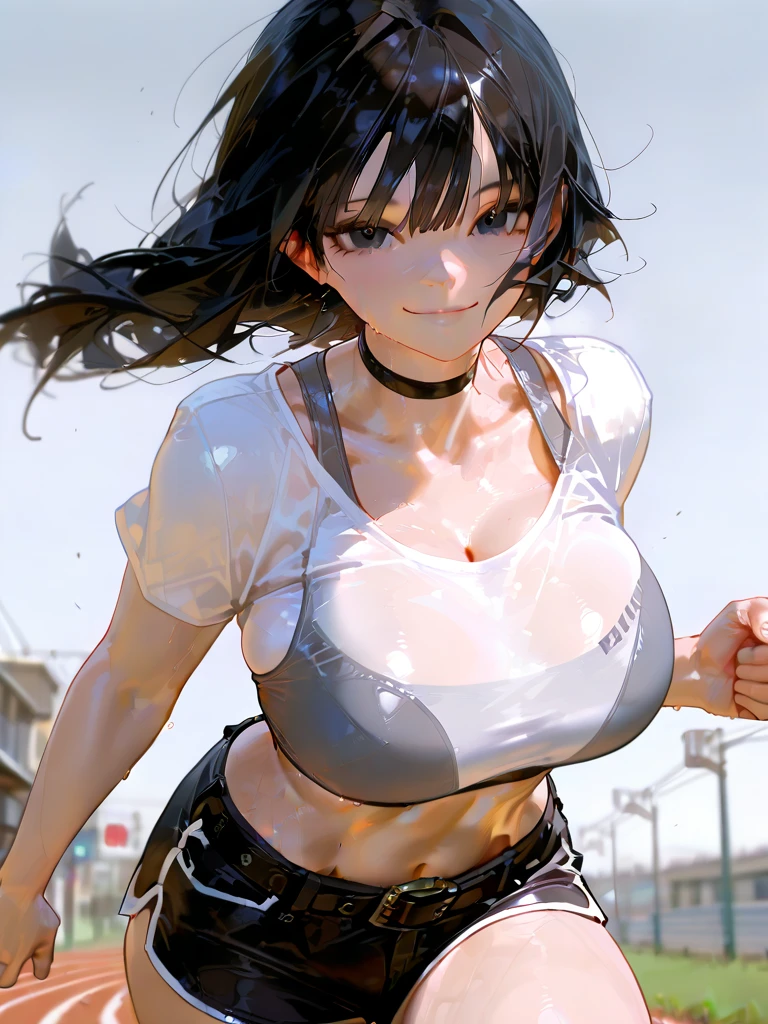 (((masterpiece,Highest quality:1.3,best quality illustration))),(realistic),cowboy shot,solo,1woman,18 year old beauty,black hair,long hair,bangs,black eyes,gorgeous big eyes,((very small head:1.3)),Pain,((very long body:1.2,skinny)),medium ,(Injury:1.4),(Torn clothing)、White tube top shirt、navel、(Black pleated mini skirt),Brown leather fingerless gloves、sweat,in heat,gleaming skin,toned body,slender body、During a martial arts match、amphitheater、nsfw,