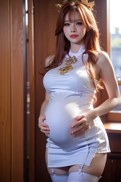 Elegant princess with open legs, half squat, pregnant belly, jewelry, exposed private parts, diamond crown, light evening dress, crystal thin soled pointed stiletto heels: 2, big breasts, naked, naked
