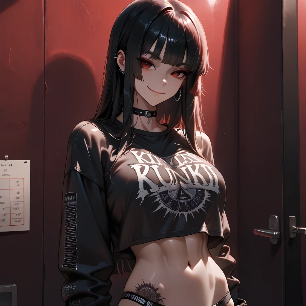 masterpiece, best quality, absurdres, 1girl, solo, against wall, headphones, headphones_around_neck, offshoulder top, strapless top, bare shoulders, short sleeves, choker, hand on hip, arm at side, young woman, adult, mismatched legwear, pantyhose, shorts, short shorts, (looking at viewer:1.2), (graffiti:1.4), mugshot, (messy hair, medium hair:1.4), wide hips, eyeliner, makeup, knee up body shot, standing, dynamic pose, (crazy smile, open mouth, sharp teeth, crazy eyes:1.2), (blood on face:1.4), trendy clothes, nail polish, multicolored nails, contemporary, earrings, cleavage, ahoge, <hypernet:myhands-22k:1>