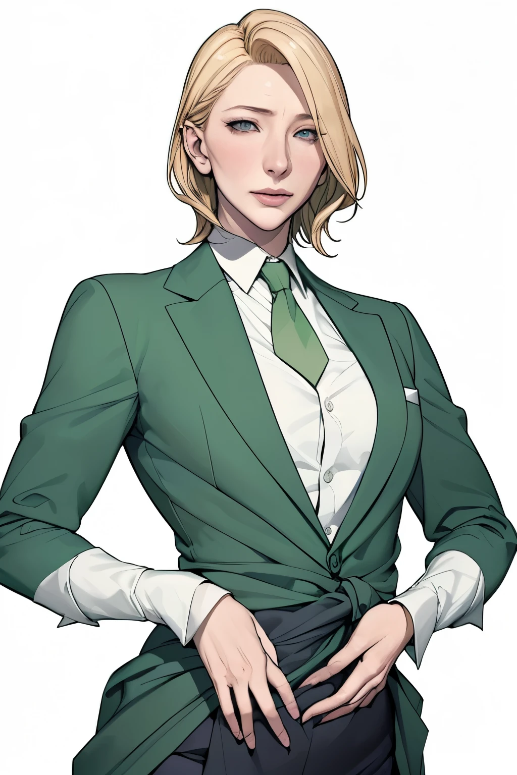 最高masterpiece、Green tie、(masterpiece:1.3), ( disorganized :1.3), (Top Quality:1.3),(perfect anatomy),detailed face,white background、blonde shortcuts、Cate Blanchett、Hands are placed in the,pocket above the waist
