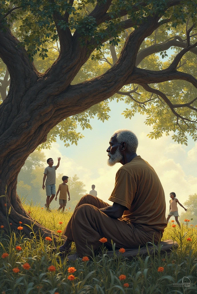 The picture is clear,The sky is blue, Under a big green tree, An old man tells a story to a black