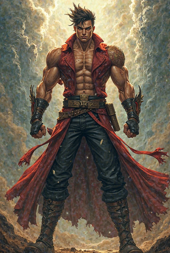 (masterpiece:1.2, best quality:1.2, extremely delicate:1.2), ((male:1.5)), a middle-aged man with slicked-back brown long hair, golden parted bangs, raised thick eyebrows, sharp eyes, rugged features, a full beard, a confident smile, tall and sturdy build, a fantasy martial arts style white open-chest silk coat with a long hem, a yellow shawl, long gloves, a leather belt, canvas trousers, standing in a sunny desert oasis, this character embodies a finely crafted fantasy martial arts style desert ruler in anime style, exquisite and mature manga art style, dramatic, high definition, highres, ultra-detailed, ultra-fine painting, professional, perfect body proportions, golden ratio, anatomically correct, symmetrical face, extremely detailed eyes and face, high quality eyes, creativity, RAW photo, UHD, 32k, Natural light, cinematic lighting, (masterpiece-anatomy-perfect:1.2)