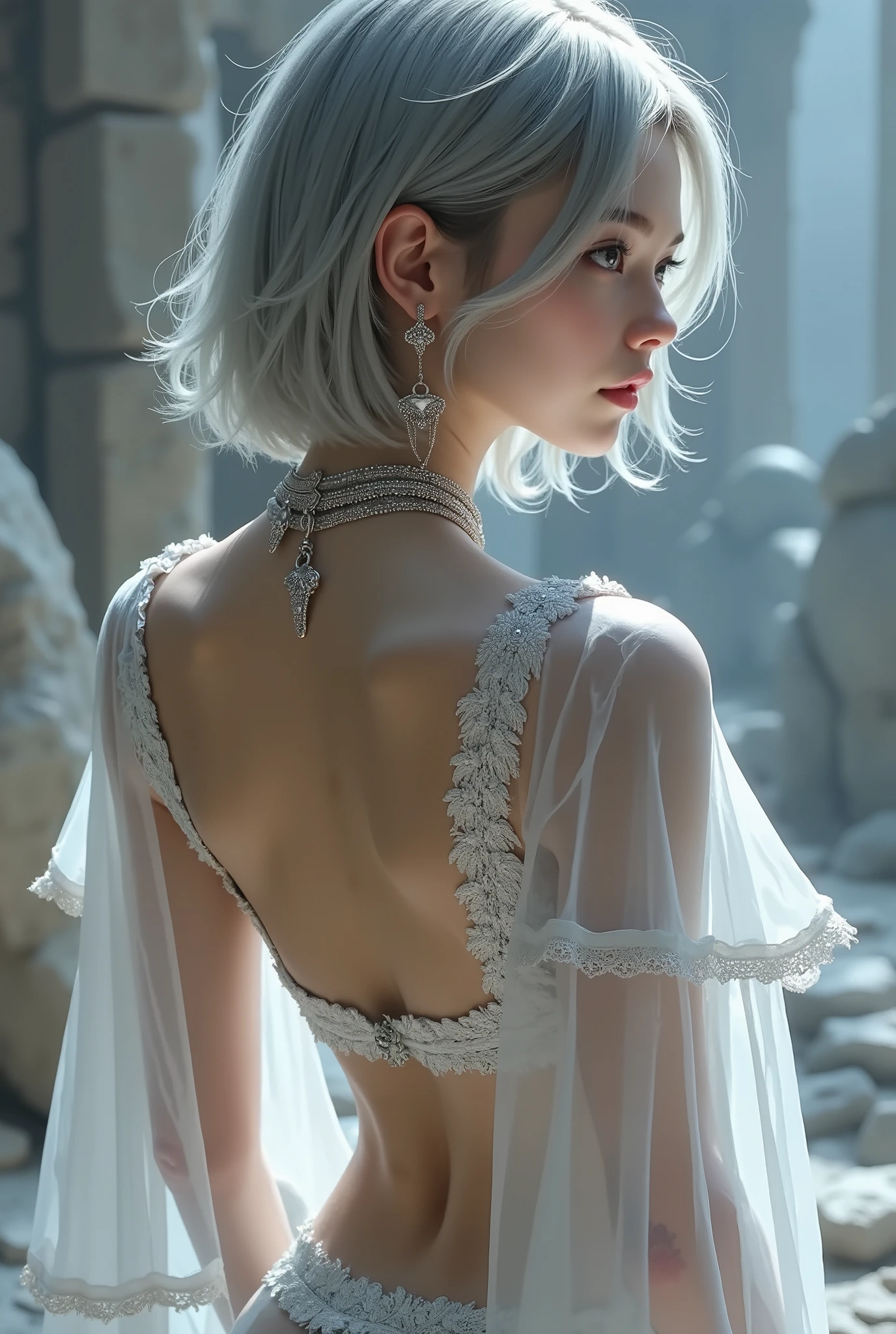 beautiful, Fascinating Women in a Fantasy World 、 from behind、smooth very short grey hair 、( charming white leather bodysuit、lots of elaborate silver embroidery)、 beautiful腹筋 、 sensual white leather low rise shorts、with elaborate silver embroidery、transparent white cloak 、 delicately embroidered long boots 、 chain earrings 、 choker 、 many bracelets 、大きくてbeautiful胸、 Pale Light Spreading Across Her Body 、 mystical magical fantasy world 、 amazing night view of an otherdimensional world with strange buildings 、 sexy pose with one hair hanging down 、Sexiest Angle