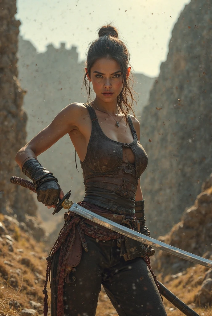 Young woman, slender, strong, beautiful and intelligent. She wears a light combat outfit, she has a long knife tied to her belt. She has a determined look and she holds a fine-blade sword in one hand and a flint pistol in the other. She points the flint gun in one direction and is in battle positions. [Realistic and good quality flint guns] [Realistic Musketeers style sword]