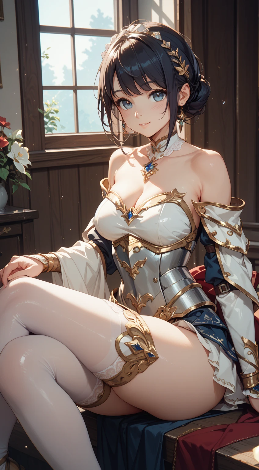 realistic, photorealistic, colorful, great lighting, ultra-detailed, dynamic angle, masterpiece,1lady, perfect face, (bright lighting:1.2),beautiful detailed eyes, extremely detailed face, perfect lighting,masterpiece, best quality,beautiful black short hair, room, sunset, straddle a chair, darkbrown Chinese dress, (White bra), ((White panties, cameltoe)) ,high-heeled shoes, stockings, glasses, ribbon, sweaty, wet body, thighs out, buttocks, large breast, slim, slender, translucent, Embarrassed expression, blush,