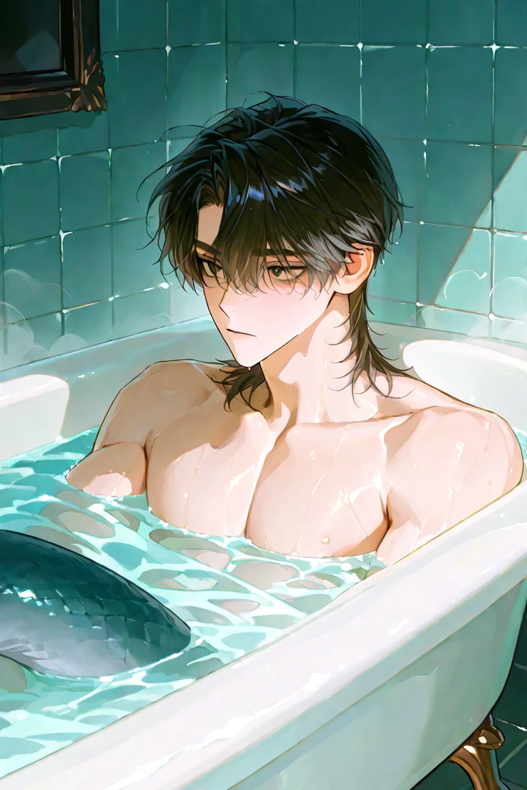 A bold, handsome man is soaking in the bathtub.