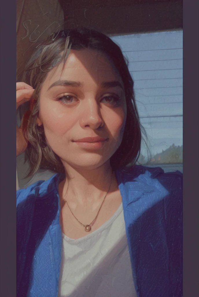 (masterpiece, best quality, hires, high resolution:1.2), (extremely detailed, intricate details, highres), 1girl, Leaning forward, Boyfriend jeans, a tucked-in tee, and loafers, Twisted updo haircut, Peacock blue haircolor, from above, close up on face, ight beams streaming through haze, soft focus, detailed skin, skin blemish, sharp focus, (shot on GoPro Hero:1.2), Extraordinarily Vivid, Absolute Clarity, hdr, hyperdetailed