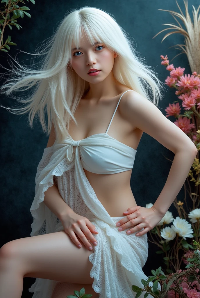 anime girl with  nipples small vikni with long white hair posing in front of flowers, realistic shaded perfect body, realistic artstyle, perfectly shaded body, realistic anime 3 d style, yia lim with white hair, hyperrealistic shaded, photorealistic artstyle, 🌺 cgsociety, realistic shaded, anime highly detailed, anime styled 3d, wearing a sexy cropped top, anime style. 8k