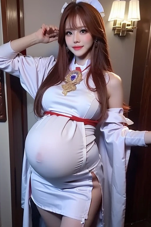 ((Marian rivera)), (8K, best quality:1.2), warm smile, seductive smile, Nsfw:1.5, slim body, tall body, ((gigantic breast:1.4)). ((huge pregnant:1.4)), (masterpiece:1.37), (photo, photorealistic:1.37), (ultrahigh-res),Full Bodyy, walking pose, shot from front, slow motion, female paladin wearing the full body, (closed light silver armour:1.3),((Armour of samurai  Aquarius , zodiac knight)), (long skirt armor),(white embrodery detail), earrings, necklace,  (ornately decorated armour), (insanely detailed, bloom:1.5), (highest quality, Alessandro Casagrande, Greg Rutkowski, Sally Mann, concept art, 4k), (analog:1.2), (high sharpness), (detailed pupils:1.1), detailed face and eyes, Masterpiece, best quality, (highly detailed photo:1.1), (long brunette Hair, ponytail,ecstatic:1.1), (mature woman:1.1), (temple background:1.2), arms crossed over the chest photographed by Canan EOS R6, 135mm, 1/1250s, f/2.8, ISO 400