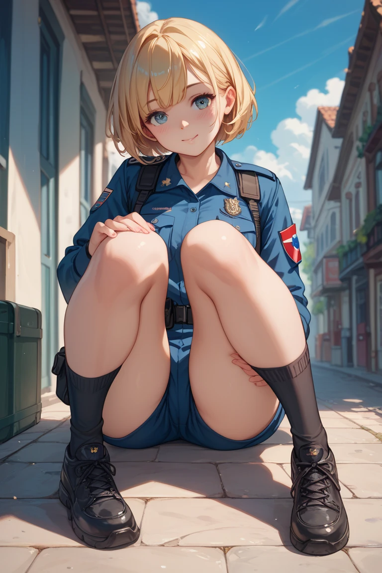 (masterpiece, highest quality, ultra high res, ultra detailed:1.3), 1 cute girl, ideal ratio body proportions, (((policewoman costume))), squatting, ((on roadway)), mini skirt, pose with legs spread, (white panties, showing off panties), shy look, from below, front view, cameltoe, blonde short hair, expression of dislike, dislike look, shy look, troubled face, look of contempt, the expression of looking at something dirty,