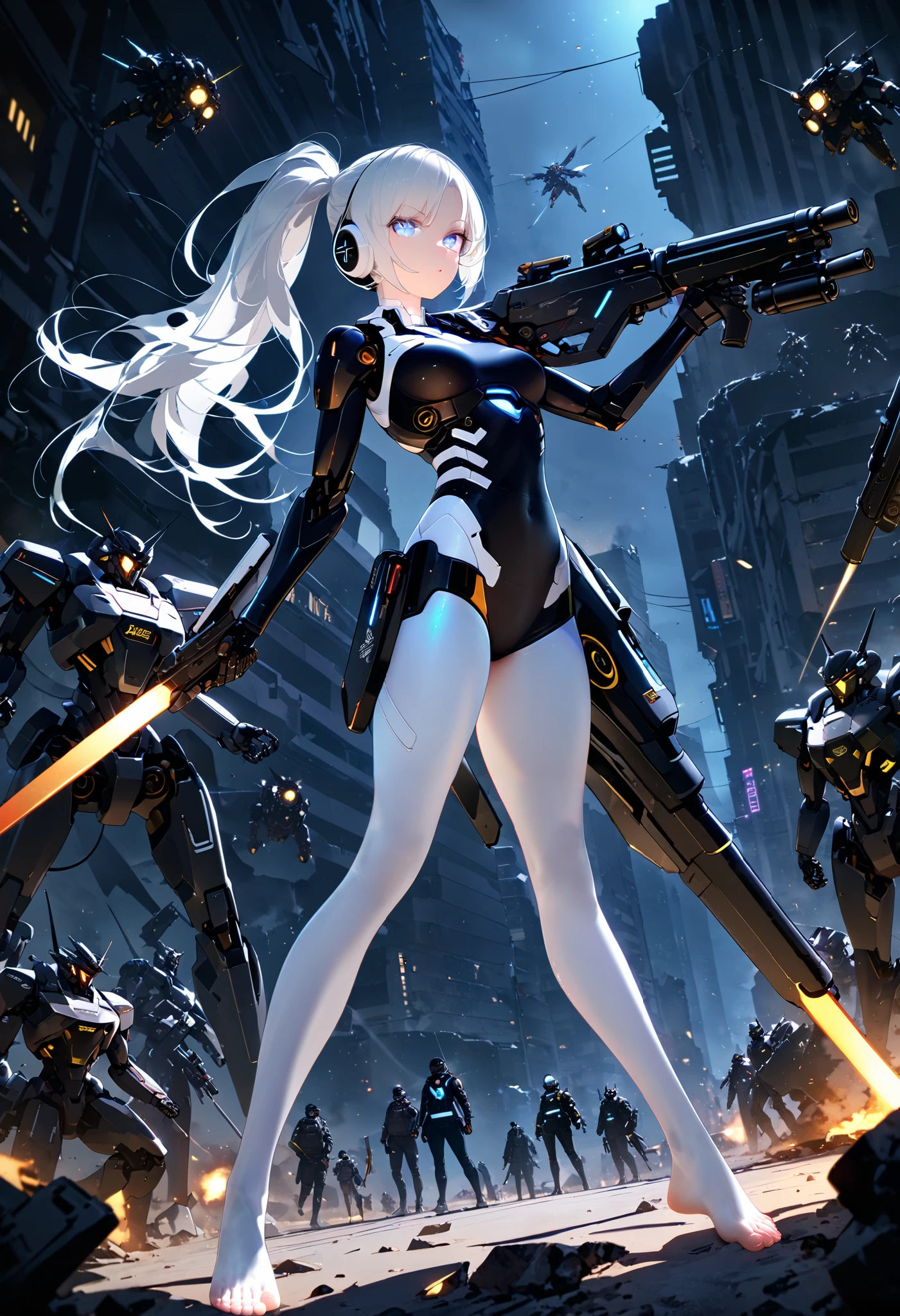 cowboy shooting,  cyberpunk mecha girl with a long black and white ponytail,  detailed mechanical body with a glowing exoskeleton ,  Headphone Gear ,  booster unit ,  equipped with huge weapons ,  fighting in a midnight abandoned city ,  surrounded by many enemies , high resolution, Ultra Detailed 64K CG , Top Quality, Extremely Glowing Skin , beautiful detailed face, beautiful detailed eyes, perfect anatomy,  perfect toes , Perfect Arms, perfect finger,  Perfect Legs, very detailed background