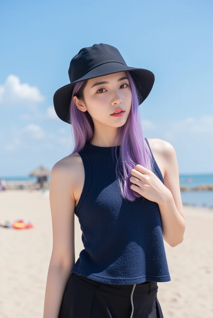 Young Asian girl, purple hair, black eyes, 1 model, slightly brown skin, Wearing short shorts and a black  , On the beach sunbathing 