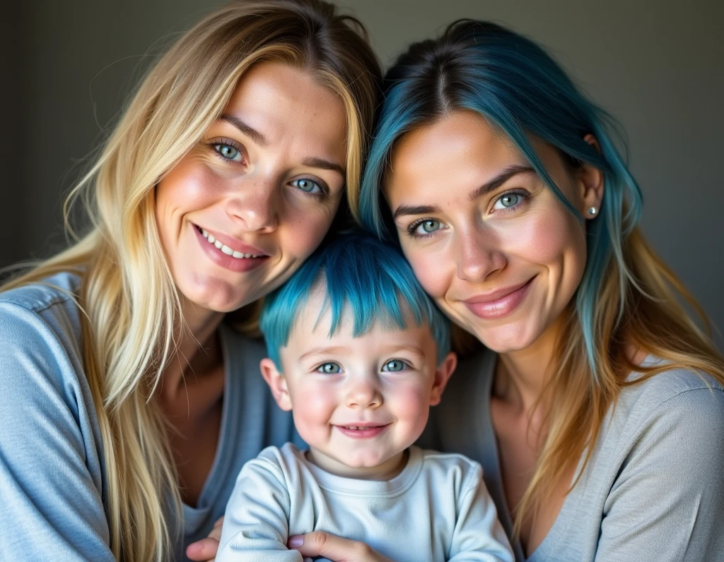 detailed portrait of a young family, a small with fair skin and white curly hair with blue eyes, an older girl with ash-colored hair and blue eyes, the children are wearing beautiful clothes, the parents are sitting next to them, father and mother, realistic, photorealistic, detailed, 4k, 8k, vibrant colors, warm lighting, cinematic composition, elegant, high quality