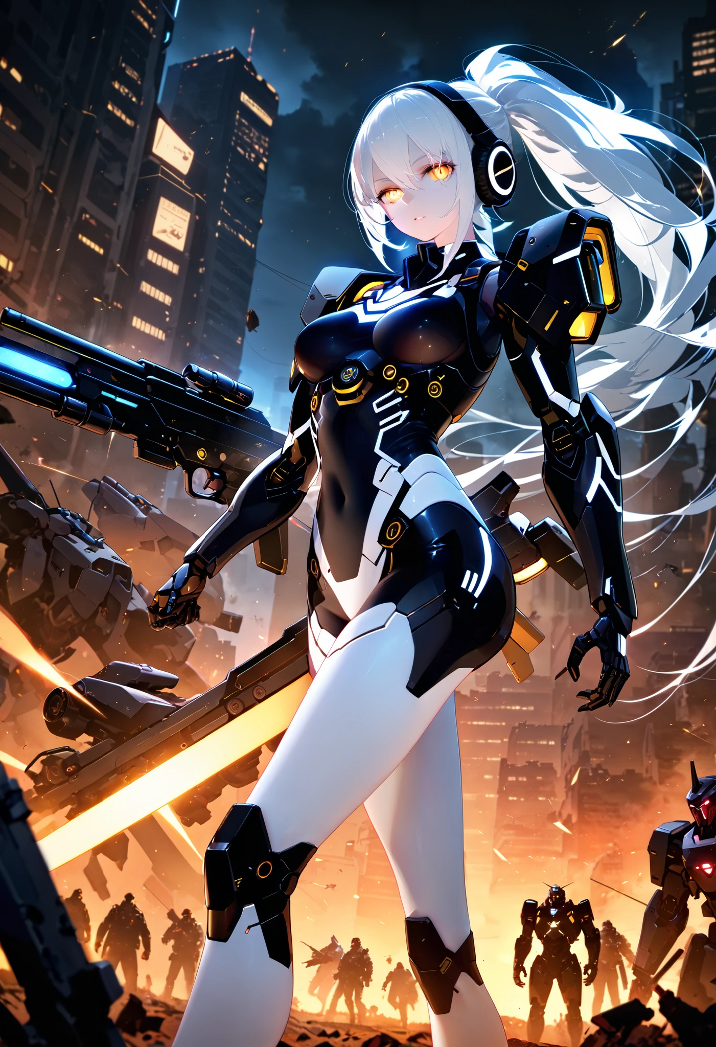 cowboy shooting, cyberpunk mecha girl with a long black and white ponytail, detailed mechanical body with a glowing exoskeleton , Headphone Gear , booster unit , equipped with huge weapons , fighting in a midnight abandoned city , surrounded by many enemies , high resolution, Ultra Detailed 64K CG , Top Quality, Extremely Glowing Skin , beautiful detailed face, beautiful detailed eyes, perfect anatomy, perfect toes , Perfect Arms, perfect finger, Perfect Legs, very detailed background
