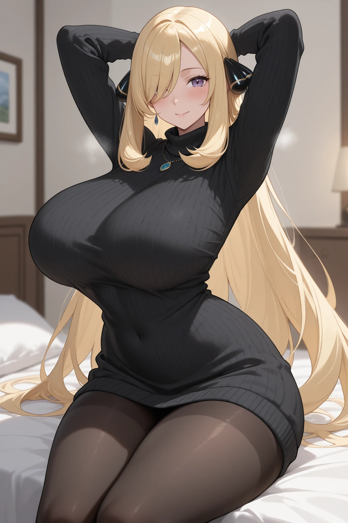 (disproportionate chest, beautiful chest, sagging chest, thin waist, huge thighs, tight fit sweater dress, black pantyhose:1.5), (着色された内側of髪, lying on the bed:1.4), (highest quality, unity 8k wallpaper, official art:1.3), (Super detailed, very delicate and beautiful, perfect anatomy, close to the viewer, 二of腕, 五本of指:1.2), (shape, caustics, anime color, 超高密度of皮膚, つやofある髪, Clothes with attention to detail, detailed background, Wind, vapor_そof周り_of_女of子, chestof焦点:1.1), dynamic lighting, beautiful and detailed eyes, glowing skin, 1女of子, alone, charming wife, ridiculously long hair, 視聴者of方を向く, enchanting smile, open your mouth, hidden hand, ,chest, gigantic chest, huge chest ,large chest