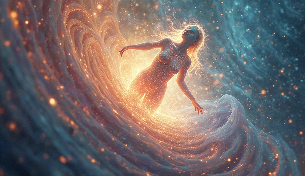 snow animated woman living gracefully in the warm springs of Gaia embracing the sunlight flowing through the branches