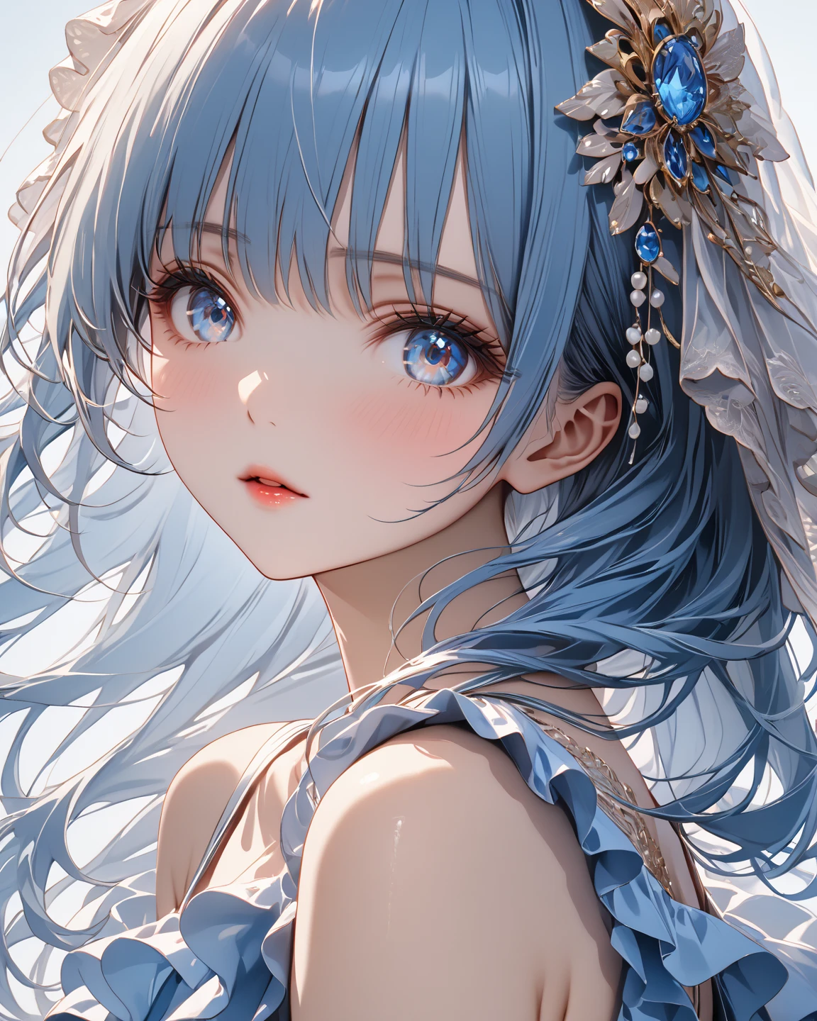 ((highest quality)), ((masterpiece)), (be familiar with), perfect face、White dress、
Queen、light blue hair