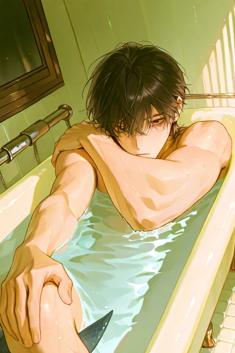 man soaking in bathtub