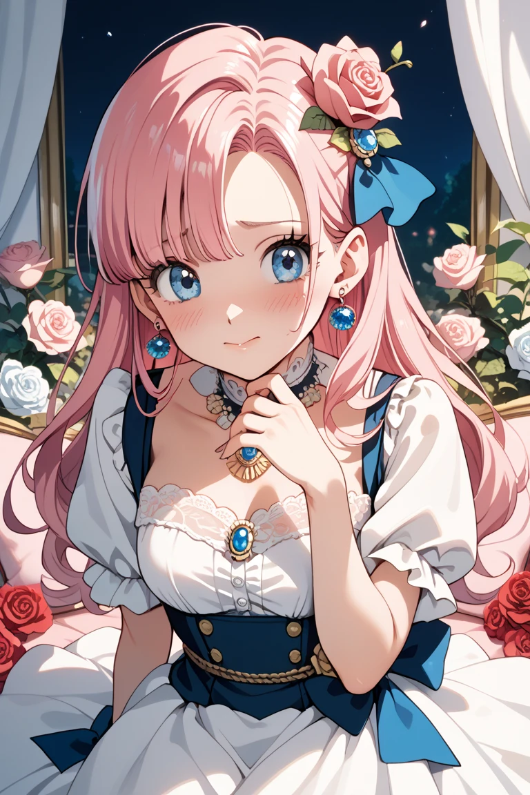 ((Extremely detailed depiction, Super detailed, Exquisite quality, Ultra-high resolution)), cowboy shot, ((A Rococo Victorian gown featuring a voluminous, huge, full-length hoop skirt and a long hem, Princess style skirt))), ((Complex structure, Multi-layered ruffle skirt)), (Glorious reflection, prism, pure white), (((ソロの若いprincess))), Ultra-detailed and detailed face, Very cute face, Cute Smile, (((Pink Hair, ponytail))), Fluffy and smooth curly hair, Expressive hair, Super voluminous long hair, (Blunt bangs, princess_cut), Huge breasts, Cleavage, (Focus on the face:1.5), (((head tilt, Chin resting on hand, on stomach, lying, front view, face focus, looking viewer:1.7))), (clear sky:1.2), Super detailedな肌, Skin Dentition, (eyes blue eyes), (((Perfect Anatomy))), Colorful flowers in full bloom, (((Surrounded by lots of flowers))), (Depth of written boundary:1.2), Particle Effects, Caustics, reality, textile shading,