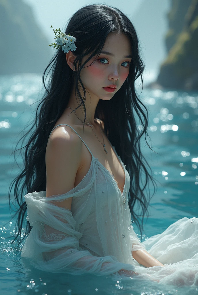Black hair, long hair, upper body, standing in the water, split bangs, modern, surrealism, cinematic lighting, chiaroscuro, masterpiece, textured skin, high resolution, high quality, high detail, beautiful face, pronounced cleavage, translucent clothes, falling petals, smile