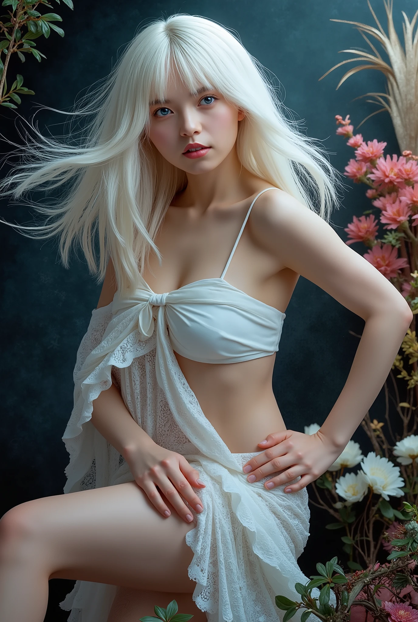 (photorealistic:1.4), (extremely intricate:1.2), (exquisitely detailed skin:1.5), cinematic light, ultra high res, 8k uhd, intricate details, Movie Light, Oil Painting Texture, film grain, dreamlike, perfect anatomy, best shadow, delicate, RAW, princess zelda, botw, (white bra and pantis:1.5), 1girl, (blonde long hair:1.5), beautifull expression, beautifull eyes, medium breasts, smile, cute, looking at viewer, long hair, (breast focus:1.2), (realistic:1.2), (full body:1.5), (far view:1.2), (realism), (masterpiece:1.2), (best quality), (ultra detailed), (8k, 4k, intricate), (85mm), light particles, lighting, (highly detailed: 1.2), (detailed face:1.2), (gradients), sfw, colorful, (detailed eyes:1.2), (detailed garden with flowers:1.2), (detailed background), (dynamic angle:1.2), (dynamic pose:1.2), (rule of third_composition:1.3), (Line of action:1.2), wide shot, daylight, solo.