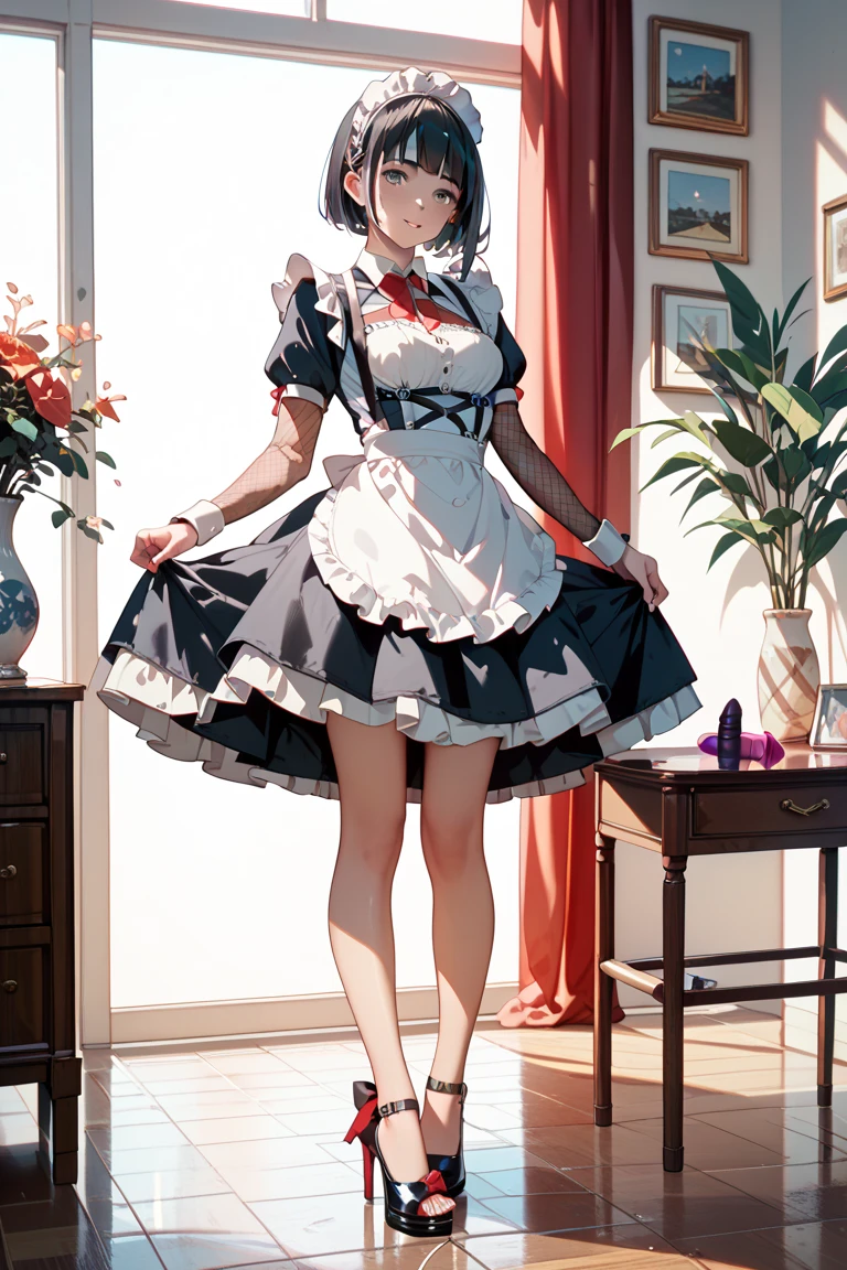 (Surreal)、(High resolution)、(8k)、(Very detailed)、(Best illustrations)、(Beautiful and detailed eyes:1.0)、Highest quality:1.0,maid,Knee-high socks,Absolute area,Natural Lip,short hair、Random pose