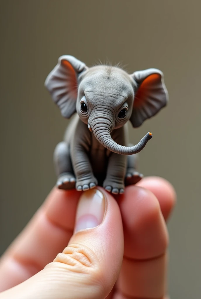 Photorealistic, 34k, A micro baby elephant perched on a human finger. Beautiful background. Hyperrealistic, hyperdetailed