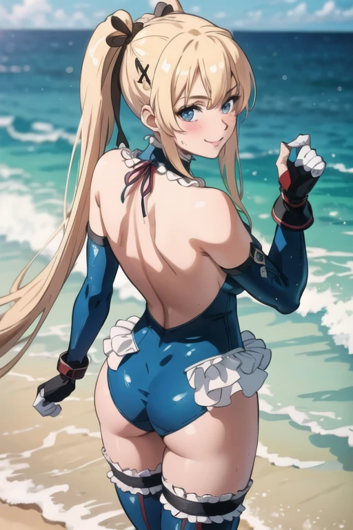 (masterpiece, best quality:1.3), 1female, solo, wide hips, thick thighs, bikini, from front, sweaty, large breast, midriff, sweaty body, beach, bikini only, golden blond hair one long braded, chun-li, from behind, wide ass, perfect ass, bikini falling off, wardrobe malfunction, ass focus, tiny bikini