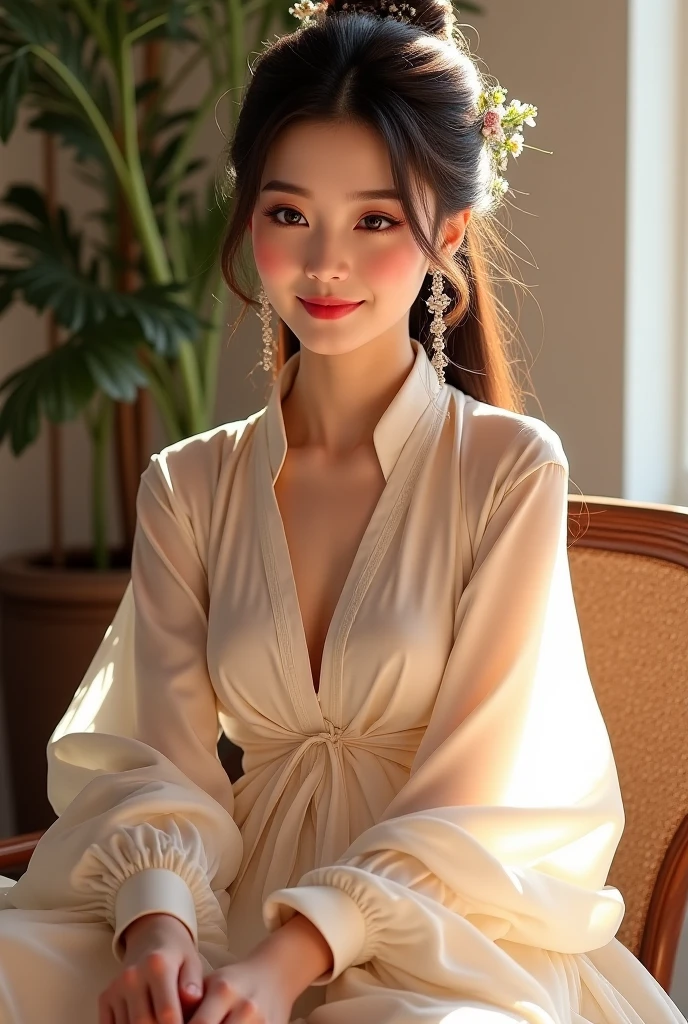 VN01 Girl, 1girls, smile, Aodai White, Photo Art, floral, Beautiful photos with beautiful saturation, ultra-high resolution,(Realistic:1.4)),Deep Shadows,(bestquality, masterpiece), pale skin, dim lighting, shade, inconvenient, Blush, high-detail, skinny, BREAK depth of field, grain of film, Wrinkled skin, looking at the audience, knee, A warm smile, (Whole body), masterpiece,ultra realistic,10,extremely detailed cg unity 8k wallpaper, bestquality, Lace fabric,