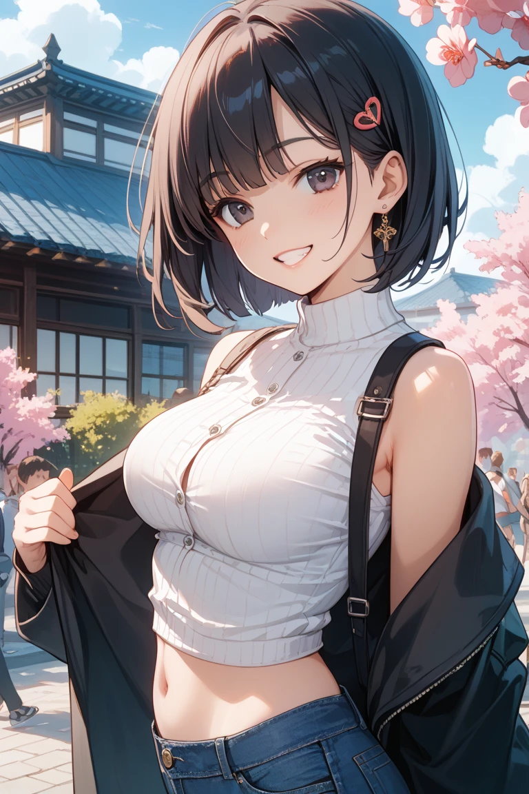 anegasaki nene、Shiny brown hair, short hair, (Beautiful brown eyes、Sparkling eyes, Fine grain)、smile、Ultra-detailed eyes、Highly detailed face, Highly detailed eyes,Cowboy Shot、
((Highest quality, masterpiece:1.3, 8k)),
Seductive pose, garden, Pool, whole body, One girl, 2, White skin,, Bright lips, 魅惑的なsmile,
Light-colored clothing, White crop top, Mid-chest, Hard nipples, belly button, Jeans pants, Flared jeans, Light Blue Jeans, Black high heels,