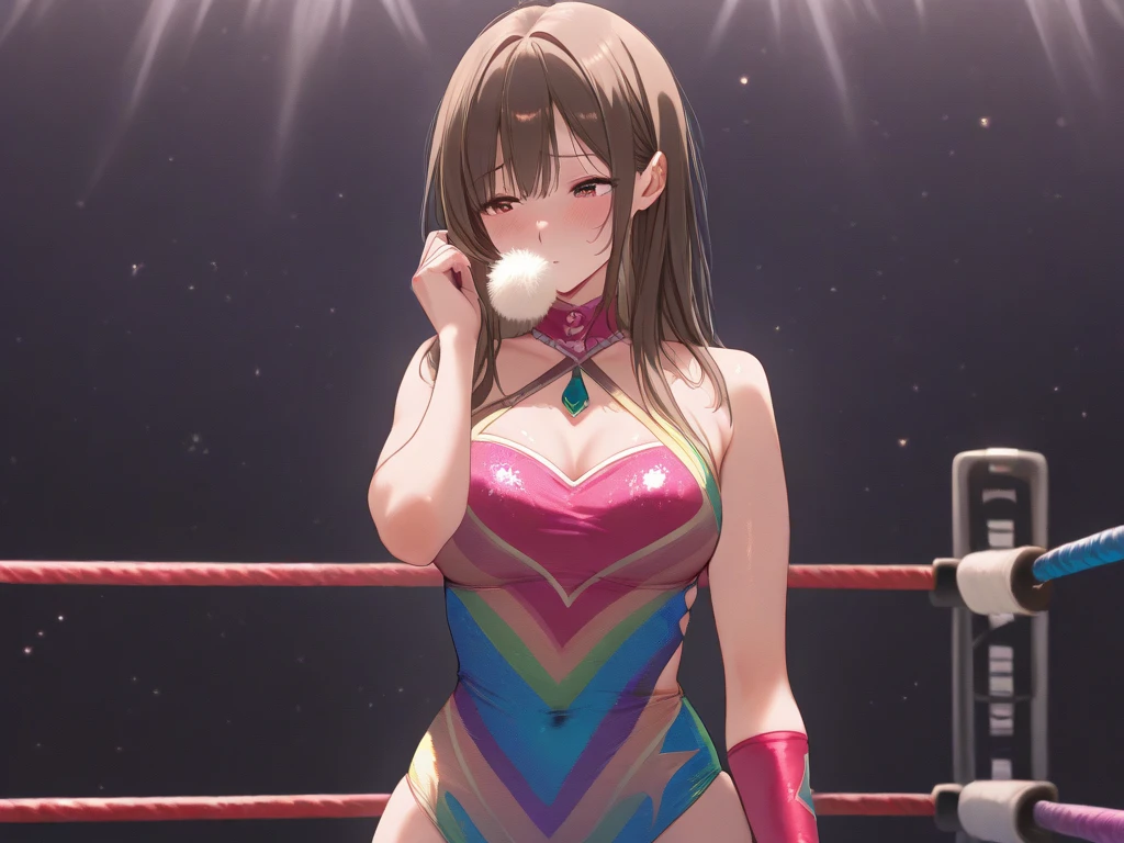 top-quality、extremely delicate and beautiful、Soio、Soio、8--old l、japanes、Lori、Chiquita、noble、elementary stu、((Pink leotard))、(highleg)、Tiara on the head、A triumphant smile、is standing、Facing the front、Raise your right hand high、The background is professional wrestling、spectator seats