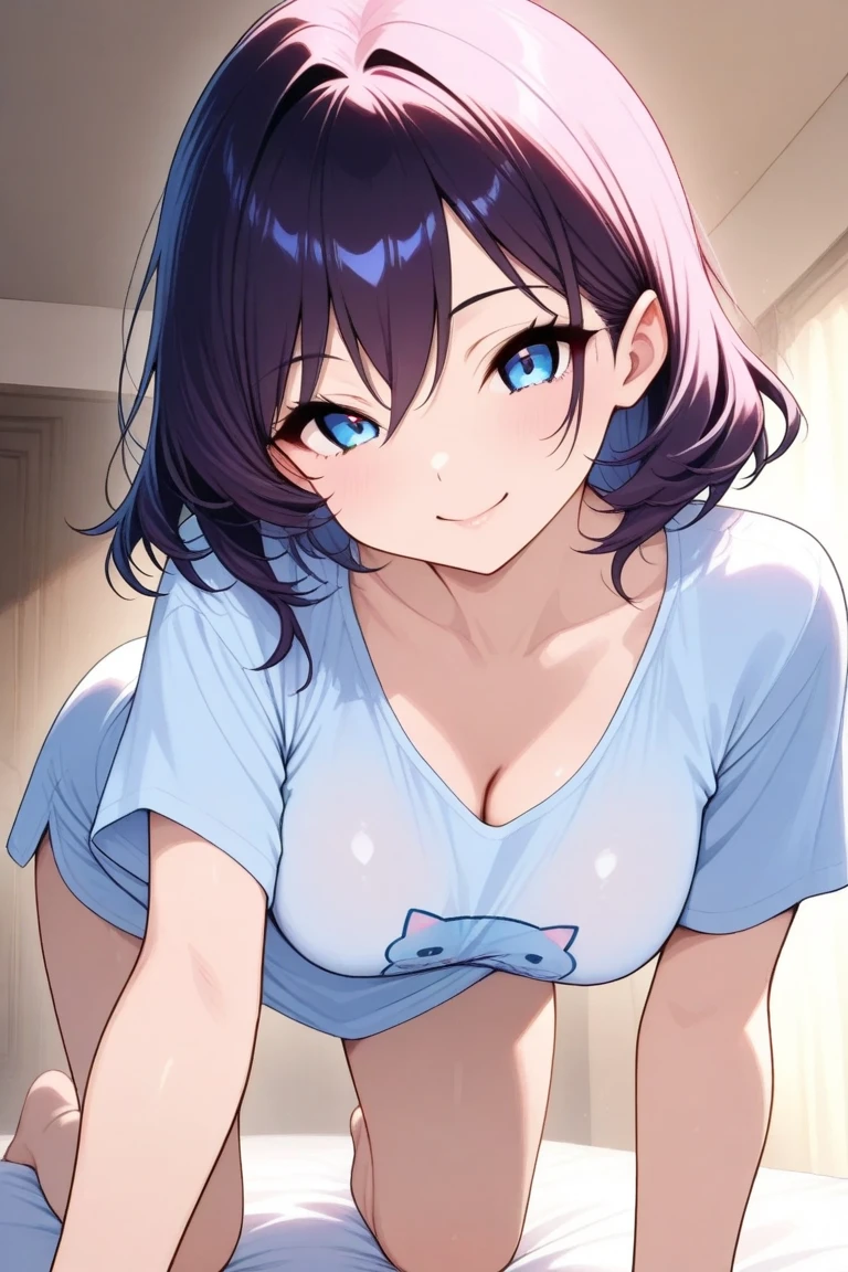 (best quality), (Super detailed), (Best Illustration), (masterpiece), score_9, score_8_up, score_7_up, (4k), nsfw, (1woman), (full nude), (large breasts), {brown hair, (sideburns), (bob cut:1.3), curly hair, hairs between eyes, colored inner hair}, {(detailed eyes), heart-shaped pupils, blue eyes}, parted lips, smile, nose blush, earring, sweat,
