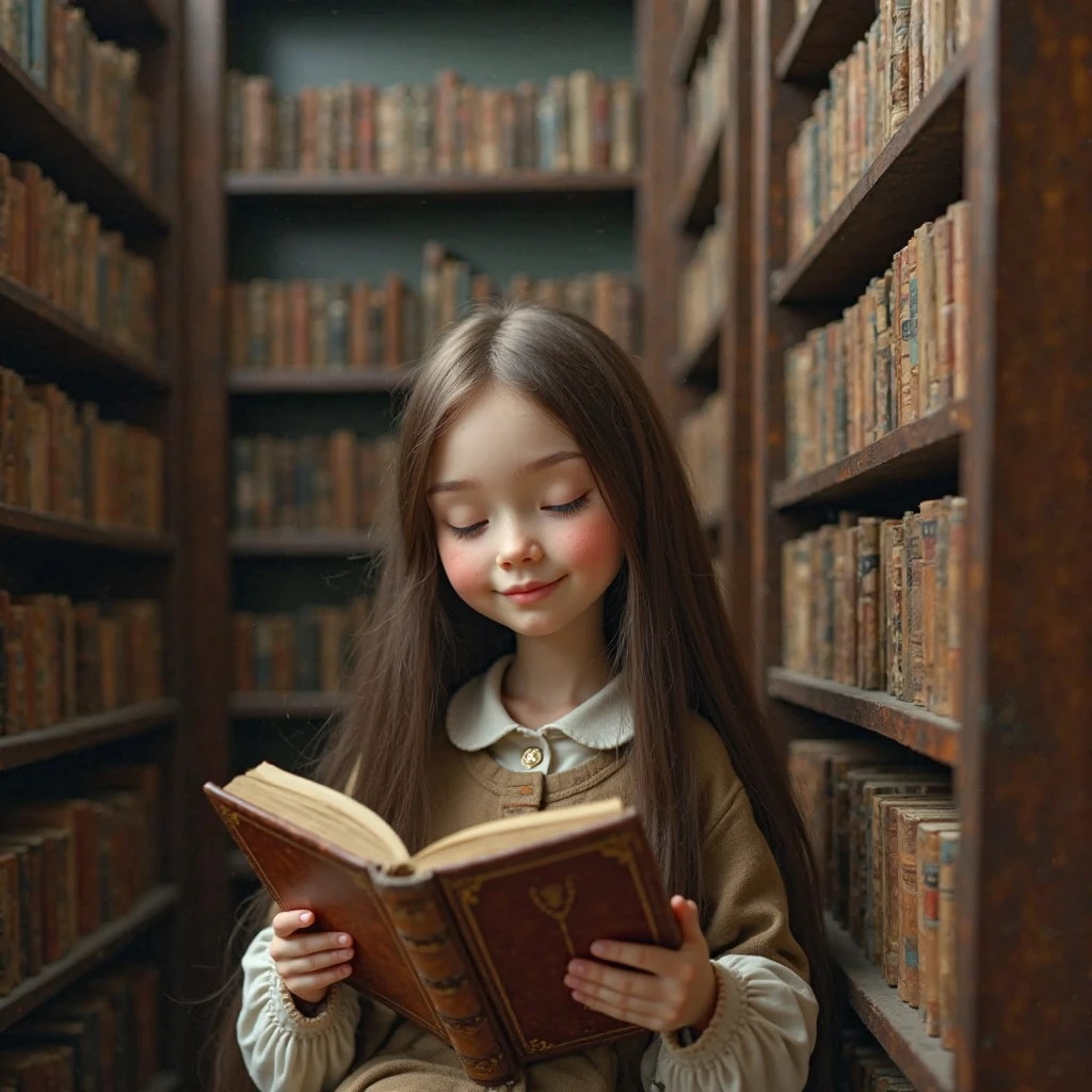 Date: 1945
Location: Warsaw, Poland
Description: In a historic bookstore, a young reader peruses the shelves of antique volumes, their reflection visible in a vintage handheld mirror mounted on the wall.