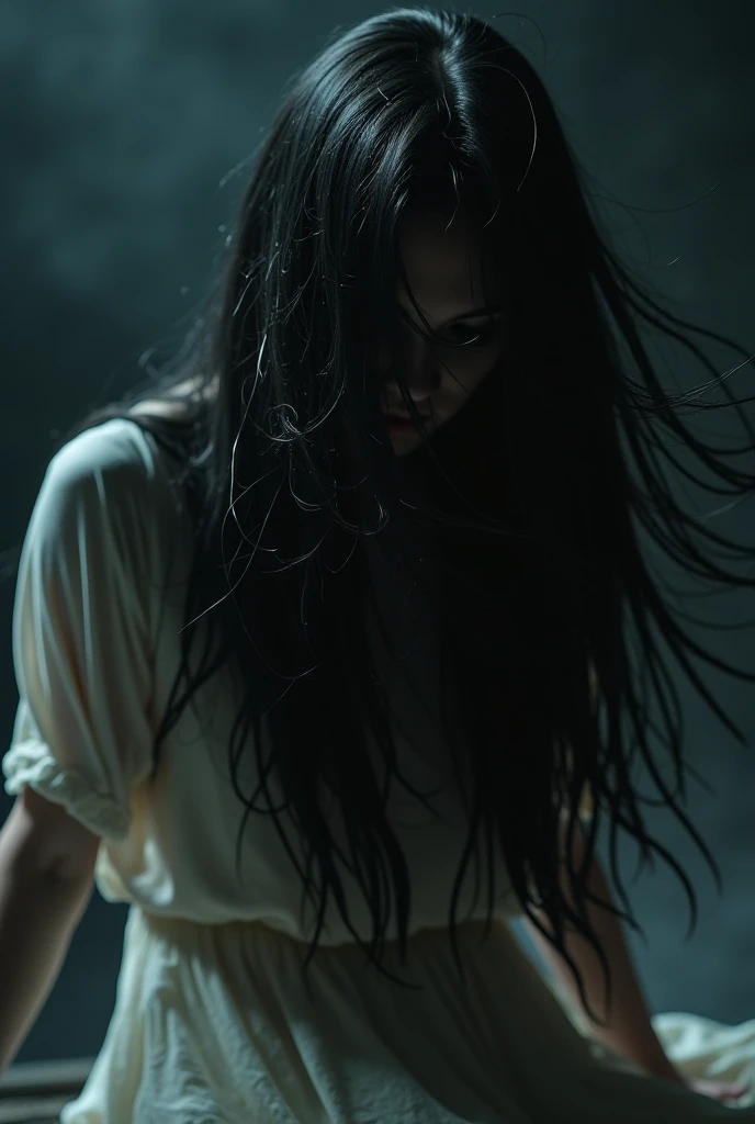 (masterpiece, top quality, best quality, official art, beautiful and aesthetic:1.2), (black and white:1.5), a pale girl with white skin, long hair flowing, black hair, blood dripping from above, demon behind in all black, occult, oil painting:1.5, gloomy, holy, dark backgroound, black background, a dark shadow behind, side view 
