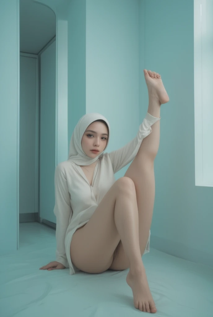 "one girl wearing transparent white head'ss hijab , nude, naked. I'm wearing high heels, in the office squatting looking straight ahead, The legs are spread in an M shape with both hands folded behind their backs.. big breasts, see-through panties, and in the shape of a camel toe."