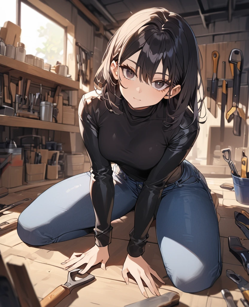 realistic, table top, highest quality, Raw photo, 1 girl, alone, long hair, brown hair, detailed face, fascinating face, black shirt with collar, medium breasts, dynamic pose, looking at the viewer, from below, detailed background, Detailed, intricate details, ray tracing, Depth of the bounds written, low key, nffsw