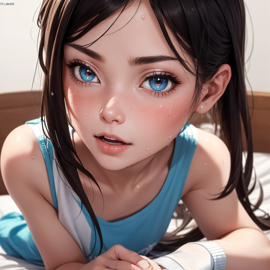 High resolution, Highest quality, super high quality, Ultra-detailed, Cinematic lighting、living room、Swimsuit、、Embarrassing、Sweaty、Sweat、Eyes from below、Girl seen from the floor、Low angle、 See through、
