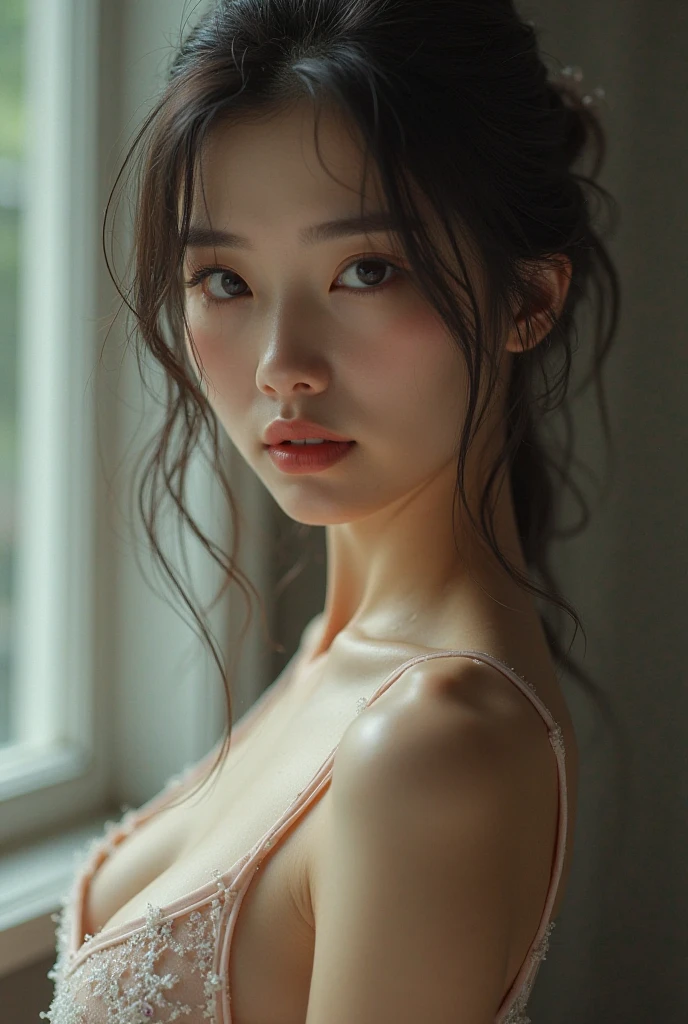 Insanely beautiful asian lady with messy bun hairstyle and blue eyes, natural skin color, natural breasts, full body view,cinematic lightings