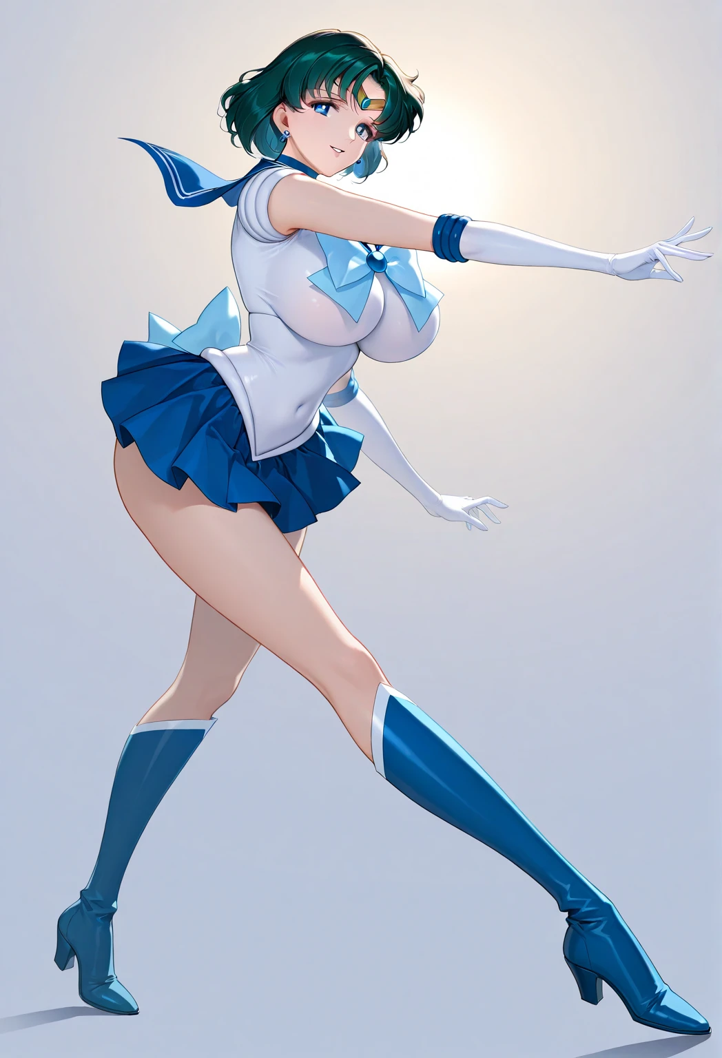 masterpiece, best quality, beautiful art, high resolution, well formed hands, body and fingers, 1 woman, solo, Sailor Mercury, blue makeup, sailor senshi uniform, elbow gloves, sailor collar, grown up, arabian belly dancer, adult, large and round breasted, cleavage, hair ribbon, full body, sexy and skimpy arabian belly dancer outfit , gorgeous legs and thighs , dancing seductively and erotically, turning backwards and forwards, showing her back and front, shaking her body, bikini thong, smiling joyfully, looking at the viewer, flirting, beach environment