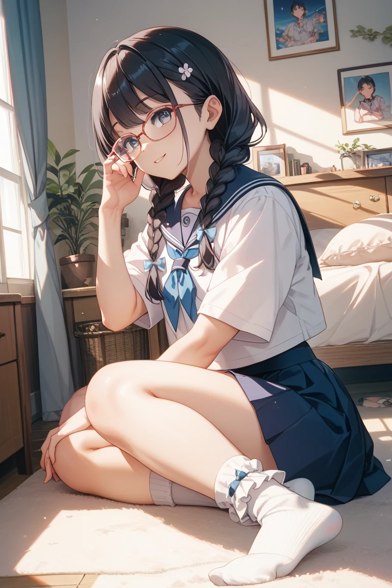hight resolution, top-quality, ultra-quality, The ultra-detailliert, lighting like a movie、small tits、School rooftop、(all-fours)、s ass、embarrassed from、Silver-haired twin tails、Red-rimmed glasses、Wearing sweat、full of sweat、light blue floral pants、Short sleeve black sailor suit、perfect buttocks、nice butt、、Detailed underwear、Cute little girl s、18 only、(from the rear)