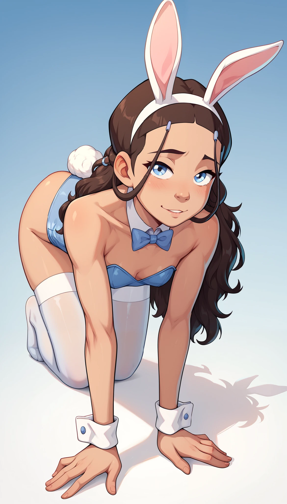 1girl, katara, brunette hair, blue eyes, small breasts, posing seductive, playful, red face, bunny outfit, white stockings, white bunny ear headband, On all fours